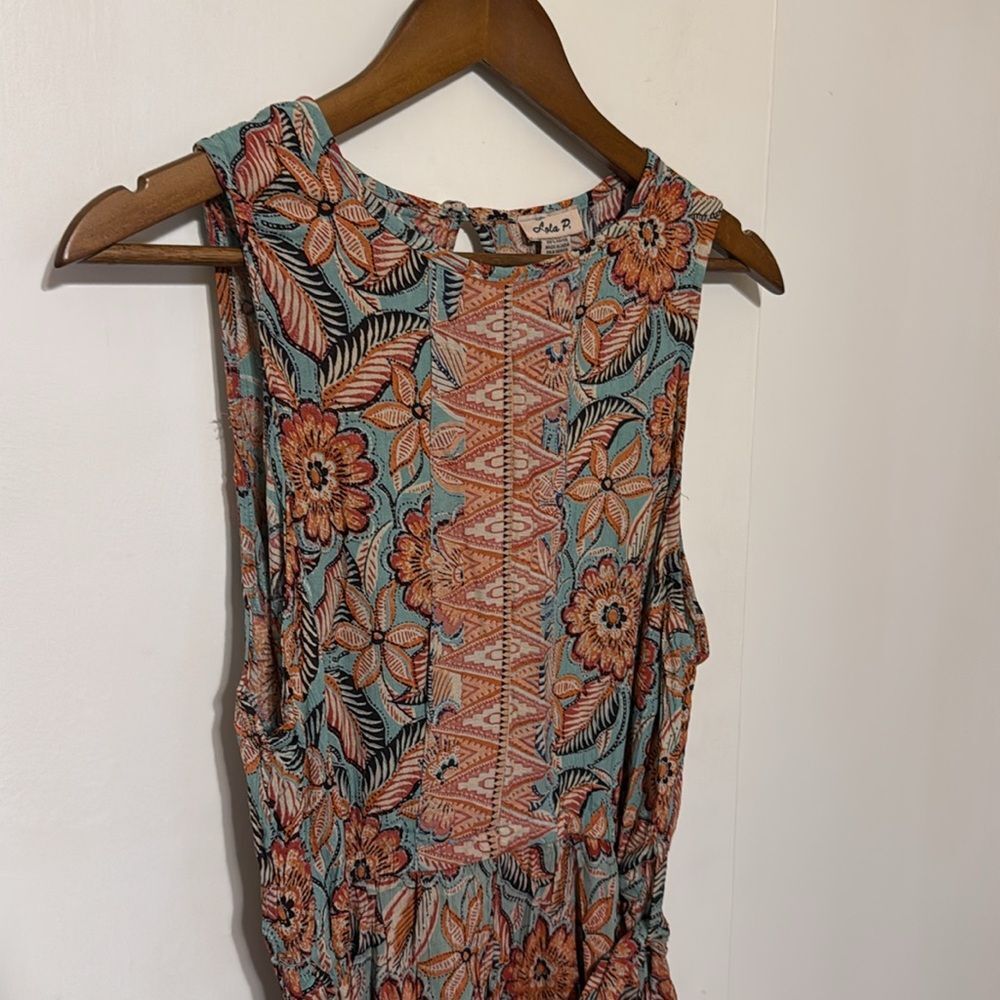 NWT Floral Shark Bite Hem Tank Dress with Waist Belt Tie Large Summer - Picture 2 of 11